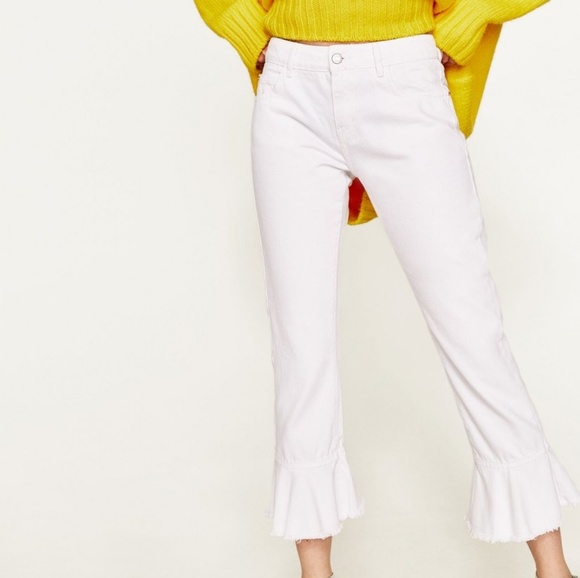 Zara Denim - ZARA white mid rise frilled crop jean stretch 0833